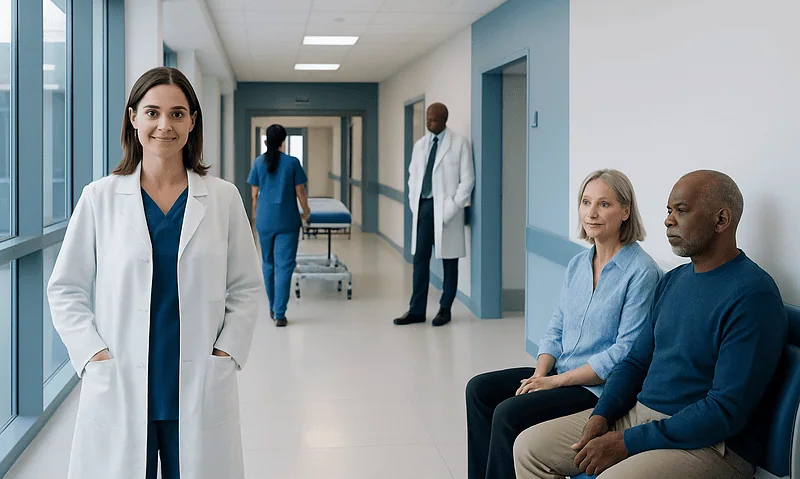 Healthcare professionals and patients in a hospital corridor at Acibadem Hospitals Group.