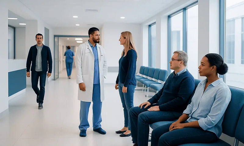 Medical consultation in hospital corridor with doctor and patients.