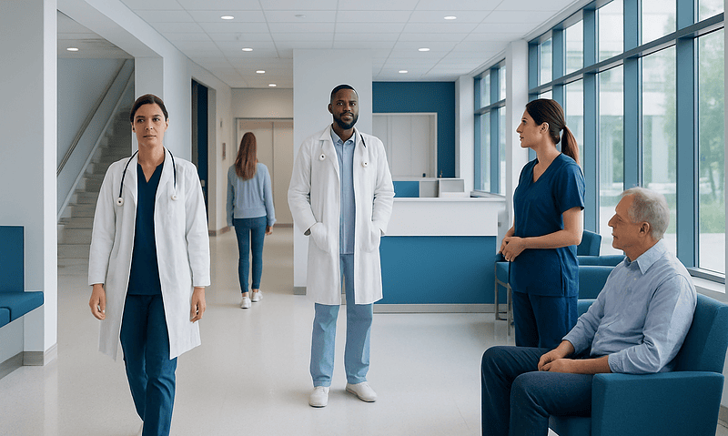 Medical team in hospital corridor with patient in waiting area.