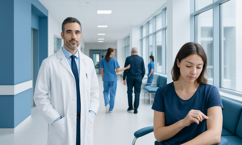 Medical professionals in a hospital corridor, one woman sitting and another man in a white coat.