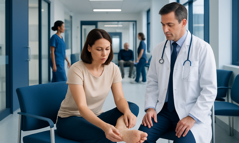 Doctor examining patient's foot in a hospital corridor.