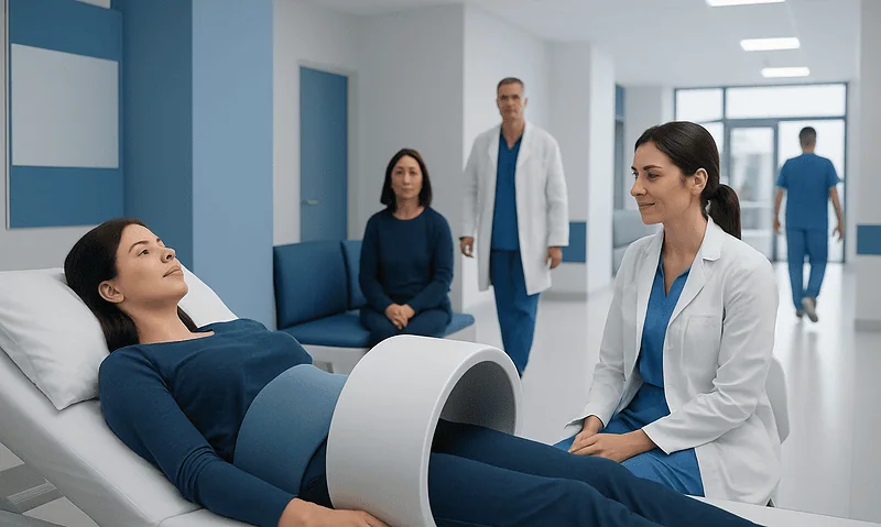 Patient undergoing PEMF therapy in a modern hospital setting.