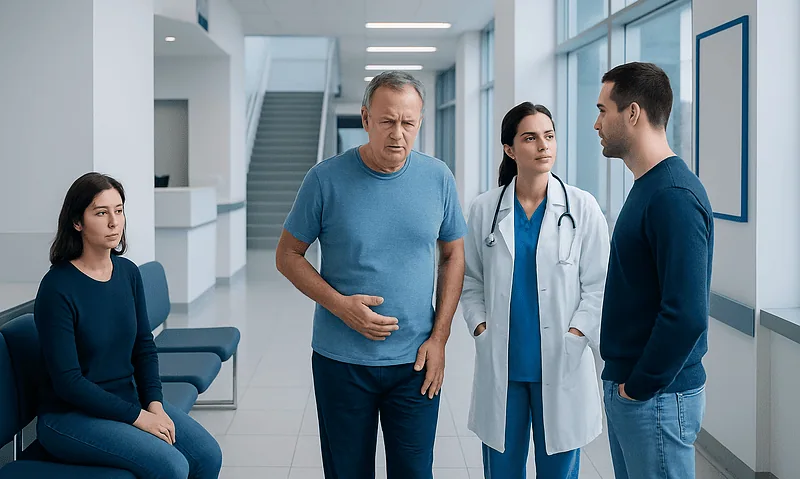 Doctor consulting with male patient in hospital corridor.