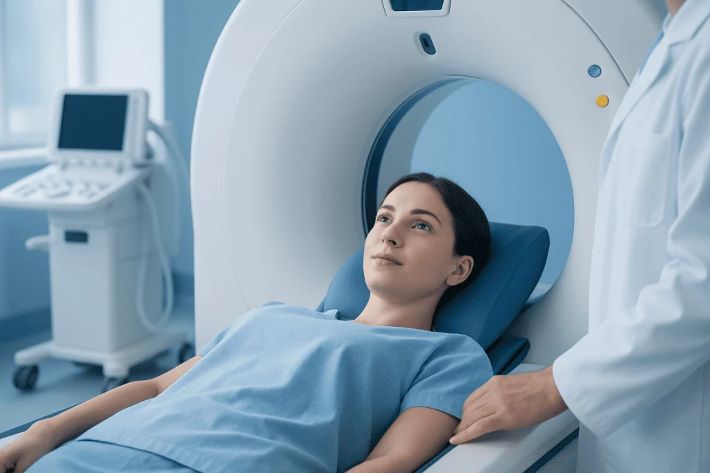 Patient undergoing MRI scan at Acibadem Hospital for advanced medical imaging.
