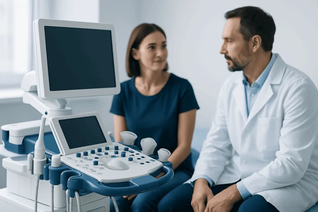 Doctor consulting a patient with ultrasound equipment in a medical office.