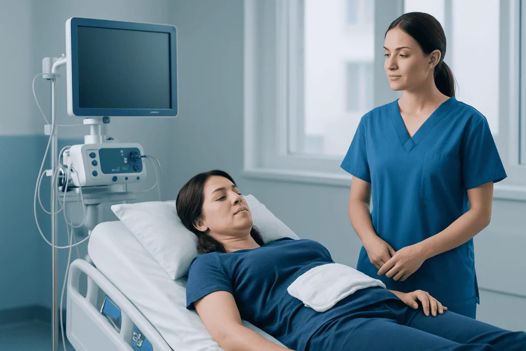 Hospital nurse attending to a patient in a medical room.
