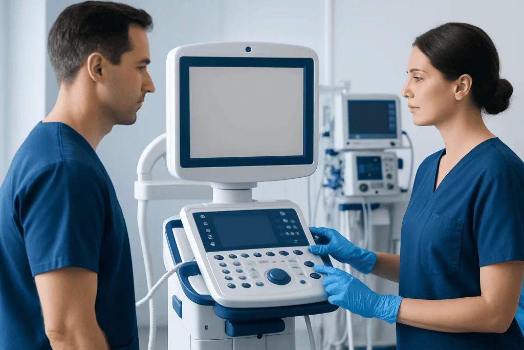Medical professionals using ultrasound equipment in a hospital setting.