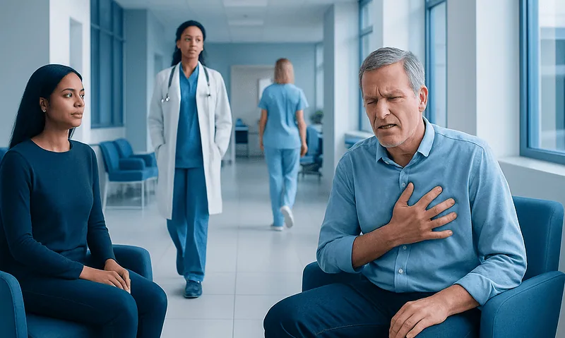 Patient experiencing chest pain in hospital corridor with medical staff nearby.