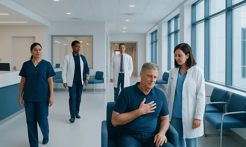 Patient experiencing chest pain with medical staff in a hospital corridor.