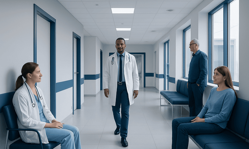 Medical professionals and patients in a hospital corridor at Acibadem Hospitals Group.