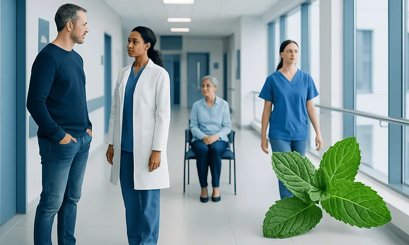 Medical staff and patient in hospital corridor with mint leaves in foreground.
