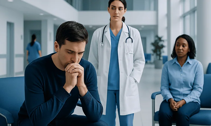 Patient experiencing anxiety during medical consultation at Acibadem Hospital.