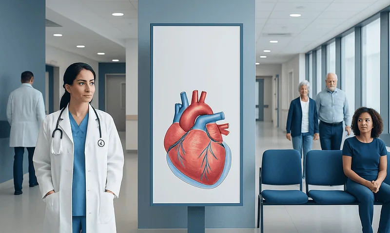 Doctor and patients in hospital corridor with heart diagram display.