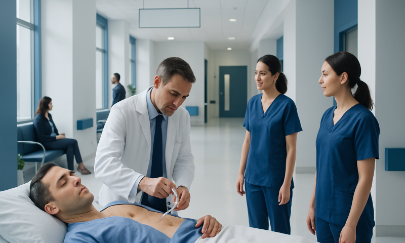 Doctor preparing for pericardiocentesis procedure in hospital.