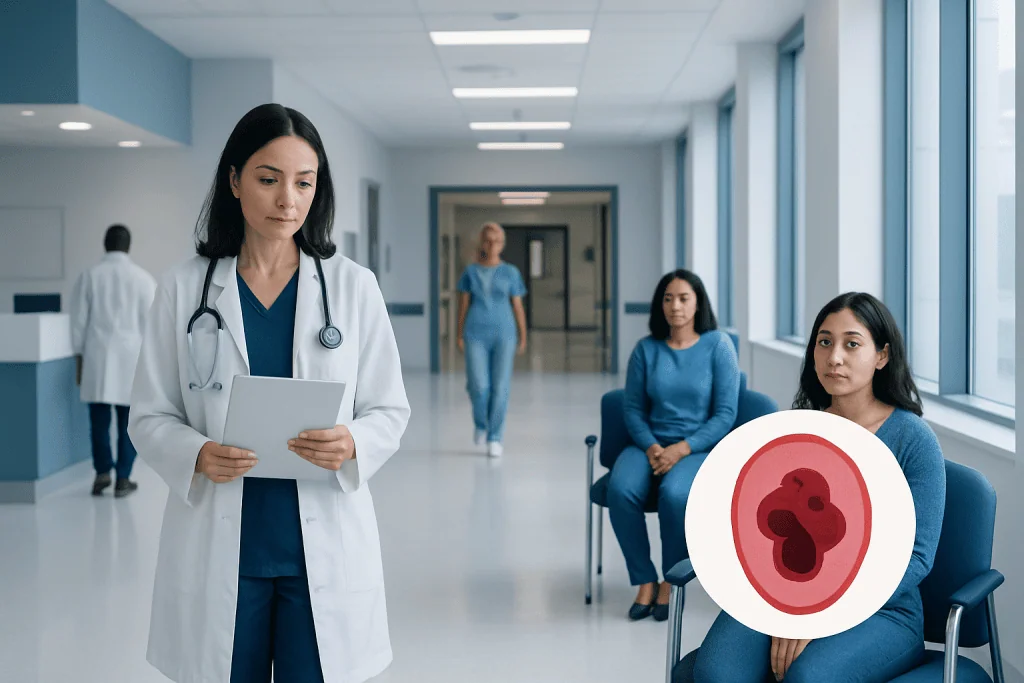 Period Blood Clots Explained: Causes, Management, and When to See a Doctor 1 Doctor reviewing patient information in hospital corridor with blood clot illustration.