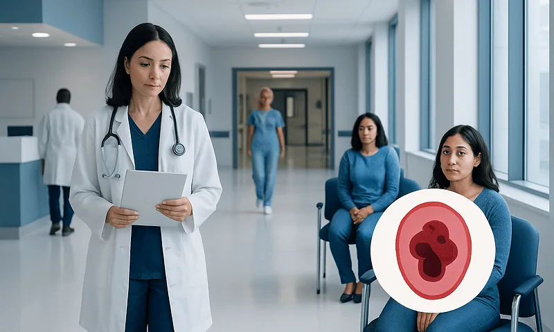 Doctor reviewing patient information in hospital corridor with blood clot illustration.