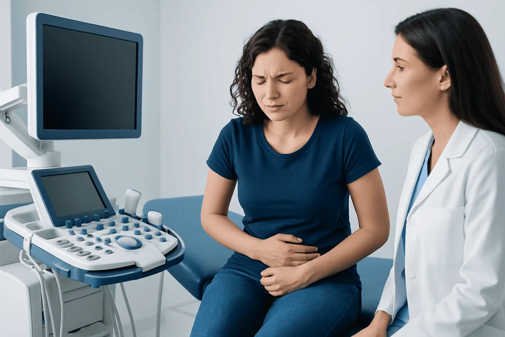 Woman experiencing menstrual cramps during a medical examination at Acibadem Hospital.