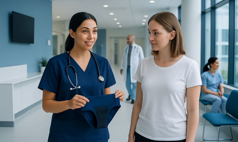 Nurse talking to patient in hospital corridor with other staff in background.
