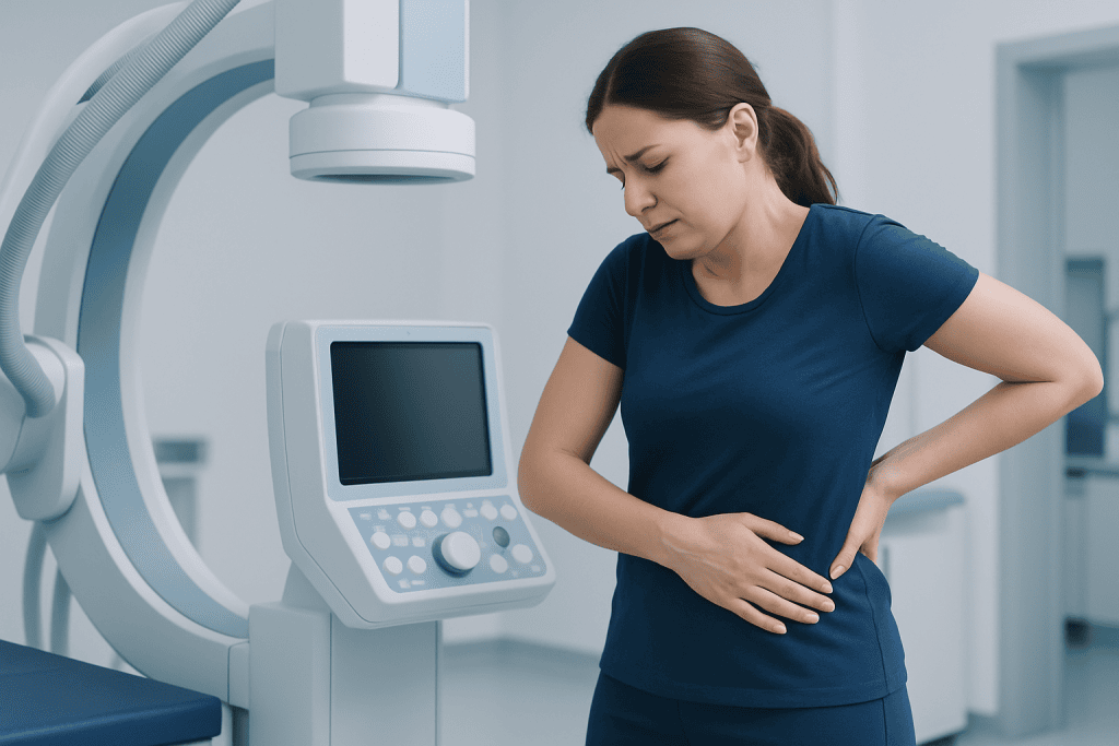 Woman experiencing abdominal pain during medical examination at hospital.