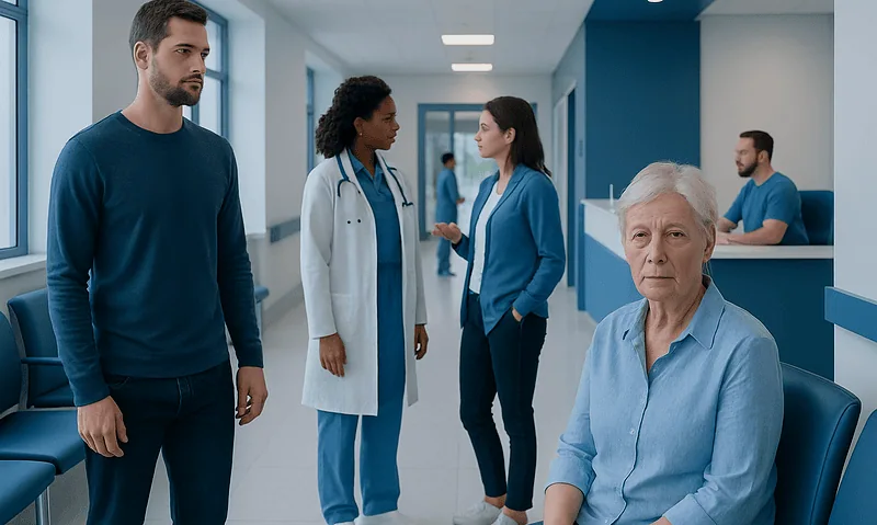 Patients and medical staff in a hospital corridor at Acibadem Hospitals Group.