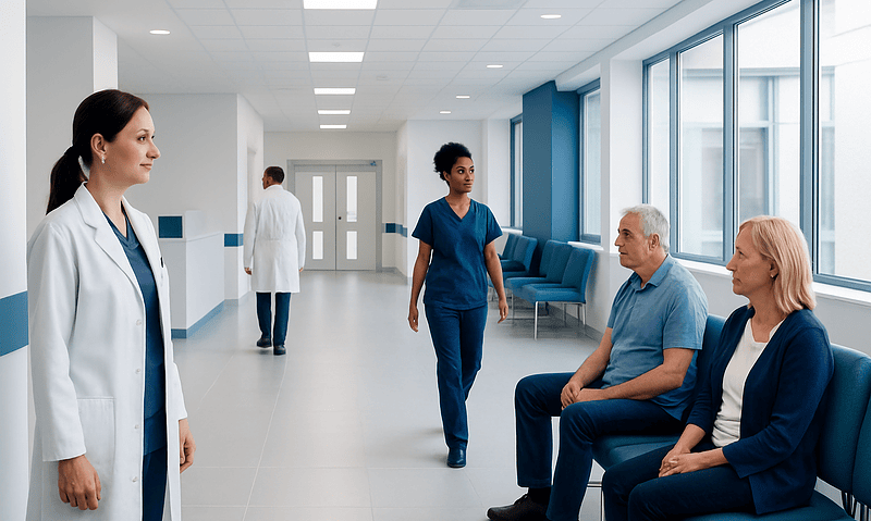 Medical staff consulting with patients in a modern hospital corridor.