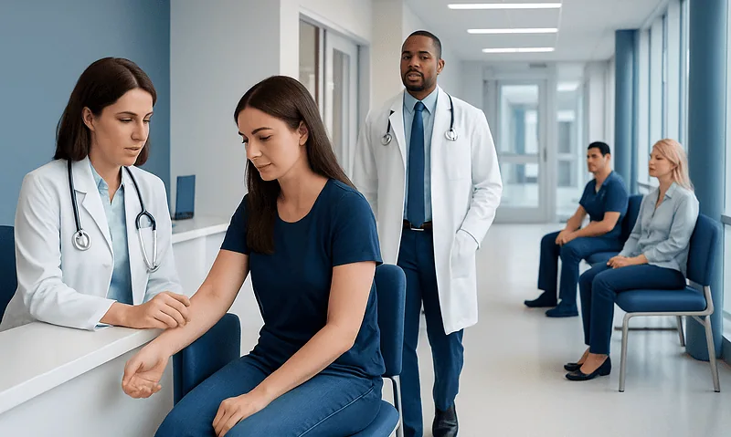 Medical professionals examining a patient's arm in a hospital corridor.