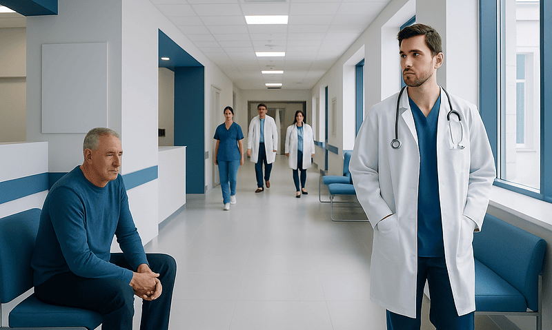 Medical team consulting in a hospital corridor with patient and doctors.