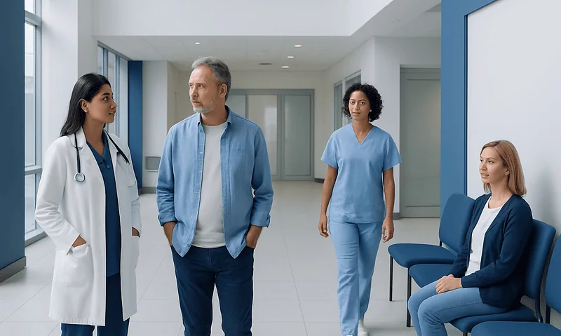 Medical team discussing patient care in hospital corridor.