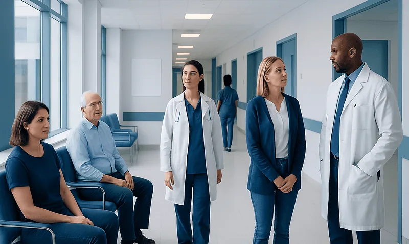 Medical team discussing patient care in hospital corridor.