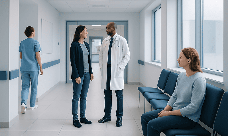 Medical professionals and patient in hospital corridor at Acibadem Hospitals Group.