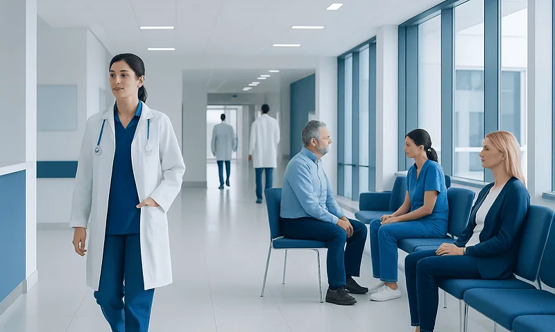Healthcare professionals and patients in a modern hospital corridor.