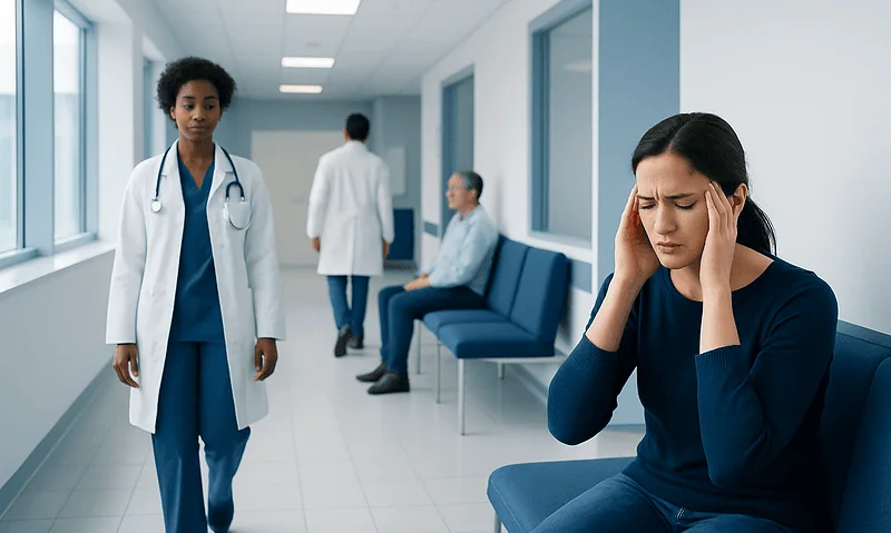 Patient with headache in hospital corridor, healthcare professionals nearby.