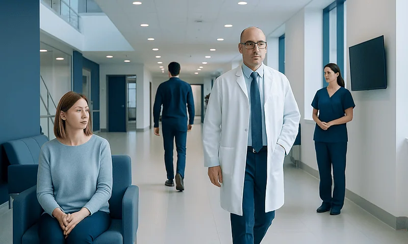 Medical professionals and patient in a hospital corridor.