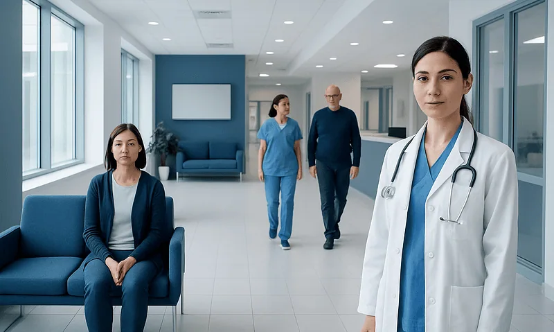 Modern hospital corridor with medical staff and patients.