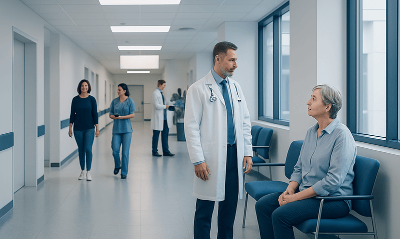 Doctor consulting with elderly patient in hospital corridor.
