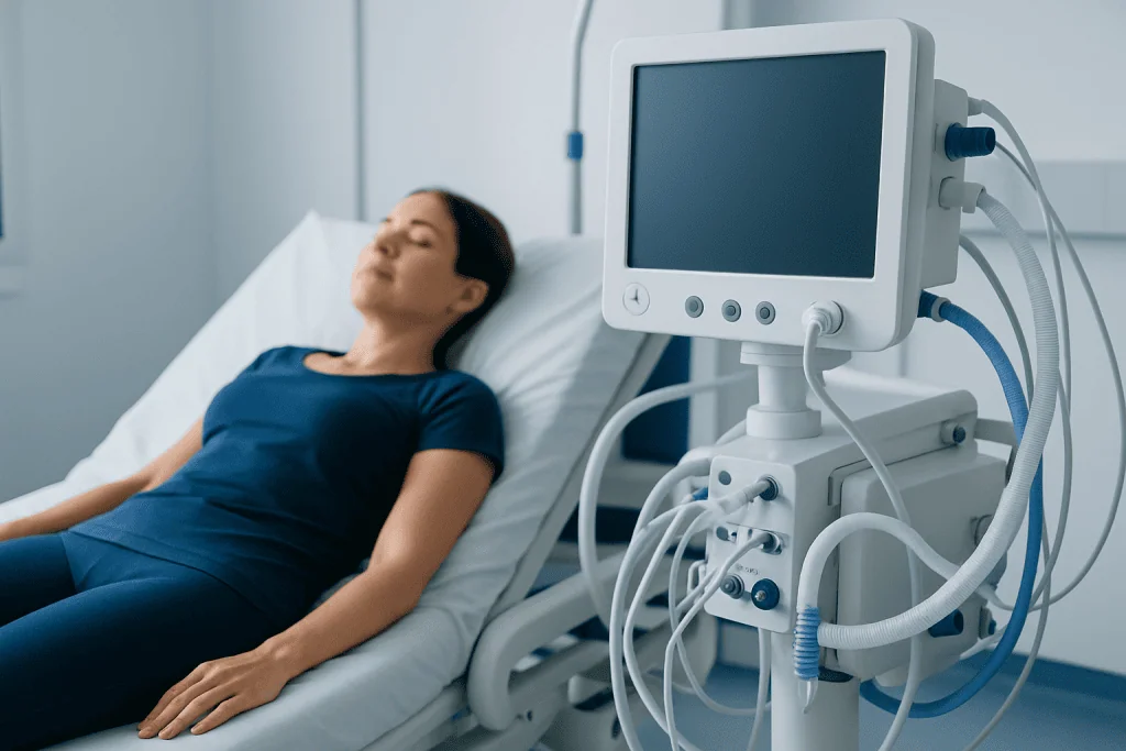 Patient resting in hospital bed with medical monitor nearby.