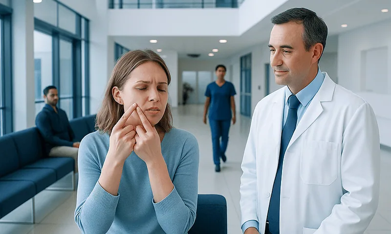 Patient experiencing facial pain during consultation at Acibadem Hospital.