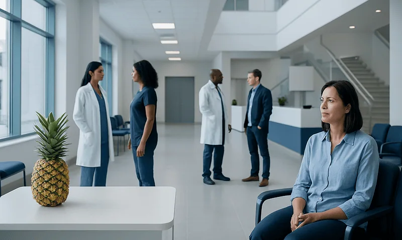 Patients and doctors in a modern hospital lobby with a pineapple on a table.