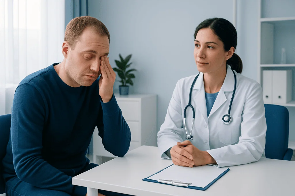 Patient consulting with a doctor about health concerns in a medical office.