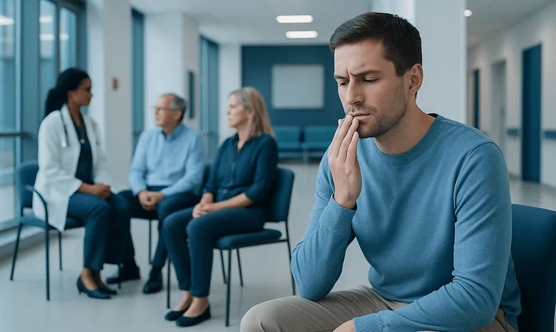 Young man contemplating during a medical consultation at Acibadem Hospital.