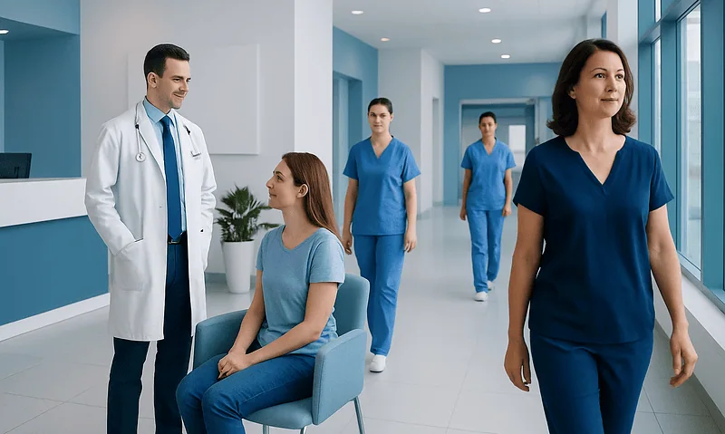 Medical team in hospital corridor with patient and staff in blue scrubs.