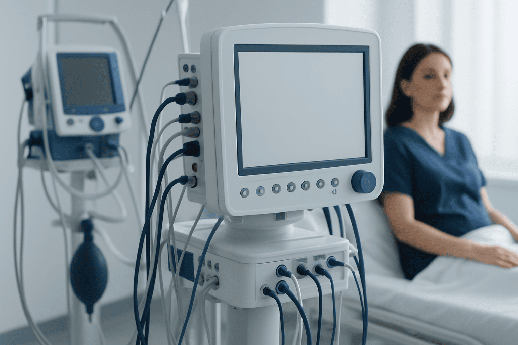 Medical monitoring equipment in a hospital room with a patient in the background.