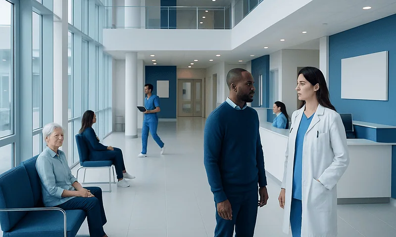 Modern hospital lobby with staff and patients engaging in conversation.