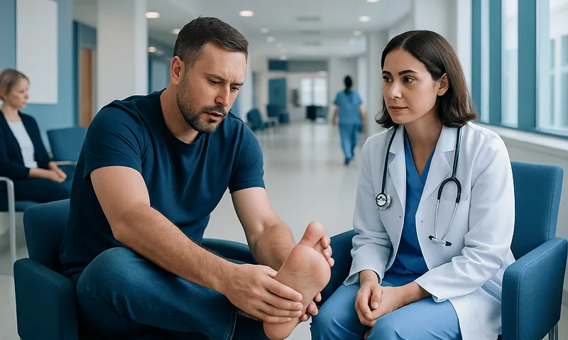 Doctor examining patient's foot in a hospital corridor.