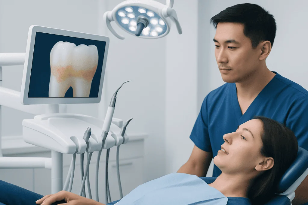 Dental professional examining a patient's tooth X-ray on a monitor.