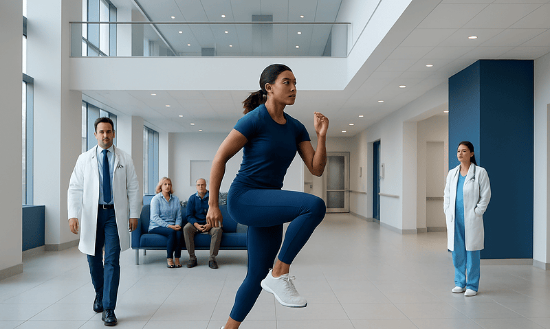 Patient performing plyometric exercise in hospital corridor with medical staff present.