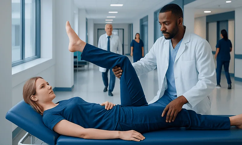 Physiotherapist performing leg stretch on patient in hospital corridor.