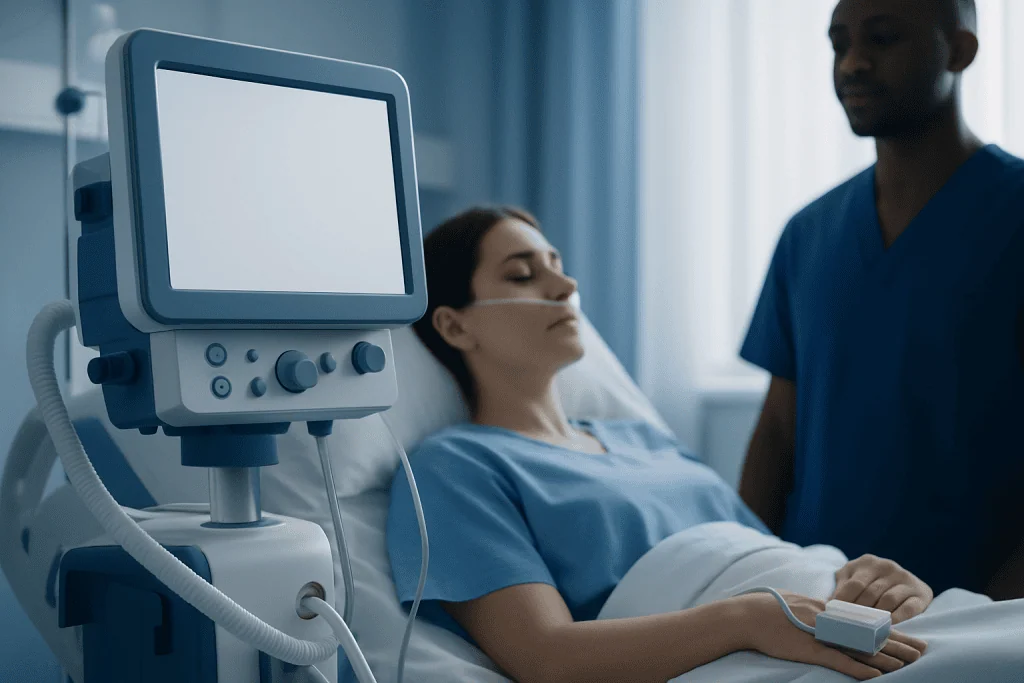 Patient in hospital bed connected to medical monitoring equipment.