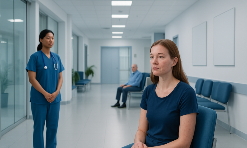 Patient waiting in a hospital corridor with medical staff nearby.