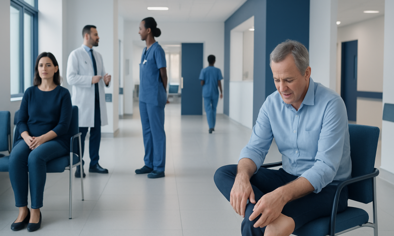 Patient experiencing joint pain in a hospital waiting area.